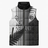 Custom New Zealand Football Sleeveless Puffer Jacket Silver Fern Maori Pattern Monochrome DT05 Unisex White - Polynesian Pride