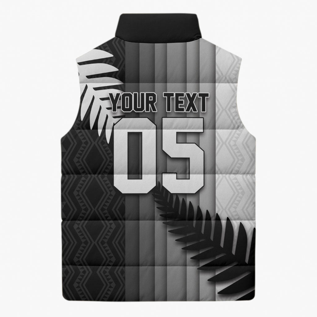 Custom New Zealand Football Sleeveless Puffer Jacket Silver Fern Maori Pattern Monochrome DT05 - Polynesian Pride