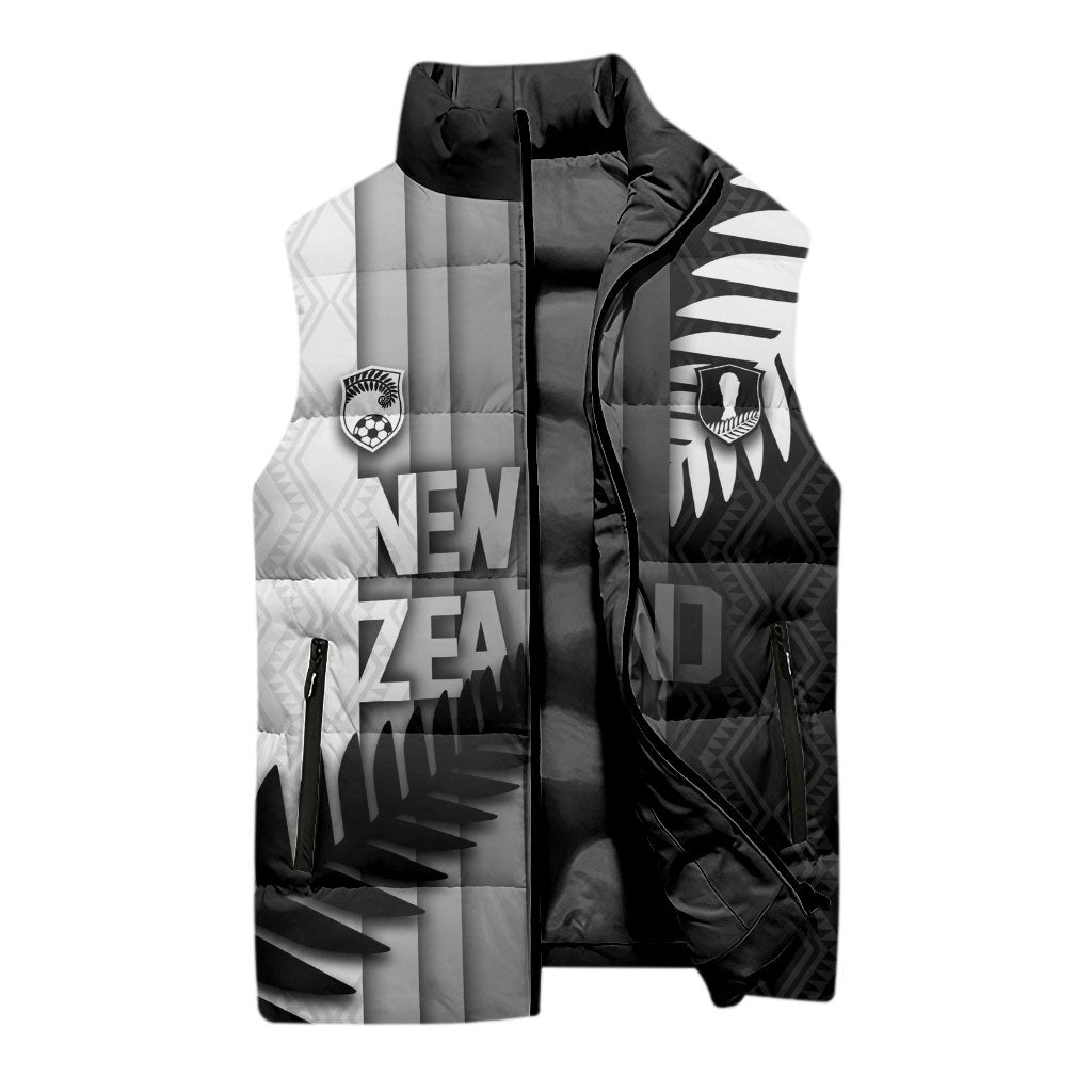 Custom New Zealand Football Sleeveless Puffer Jacket Silver Fern Maori Pattern Monochrome DT05 - Polynesian Pride