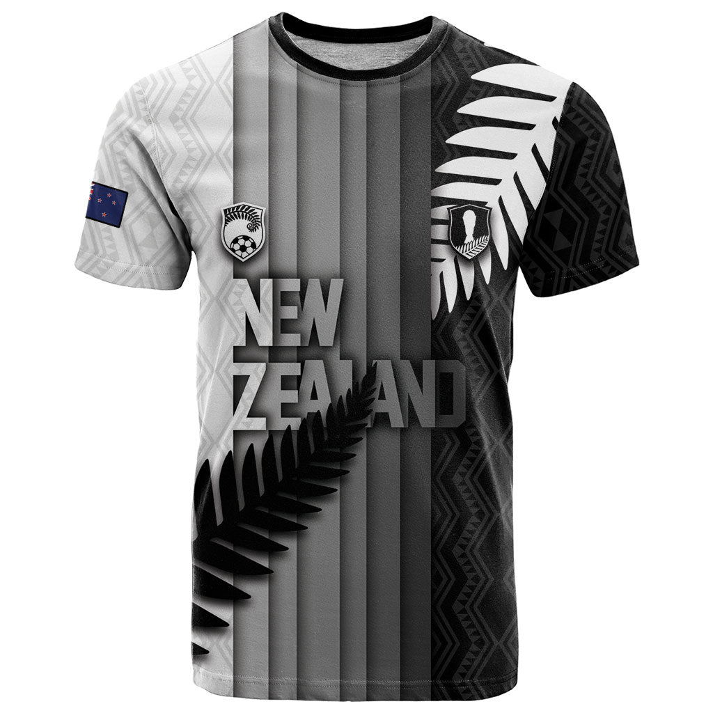Custom New Zealand Football T Shirt Silver Fern Maori Pattern Monochrome DT05 White - Polynesian Pride