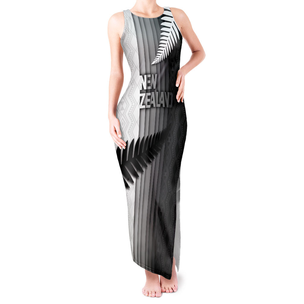 Custom New Zealand Football Tank Maxi Dress Silver Fern Maori Pattern Monochrome DT05 Women White - Polynesian Pride