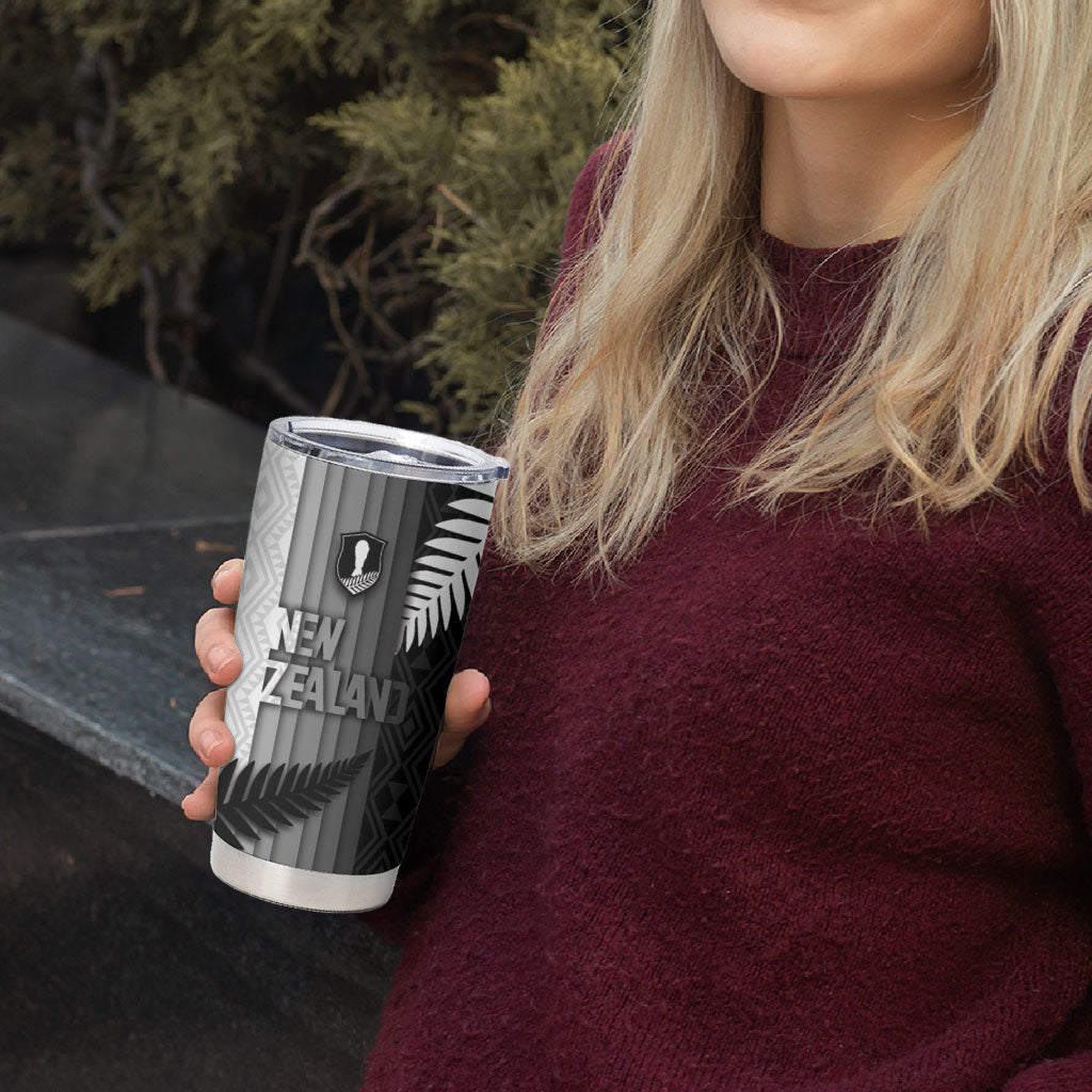 Custom New Zealand Football Tumbler Cup Silver Fern Maori Pattern Monochrome DT05 - Polynesian Pride