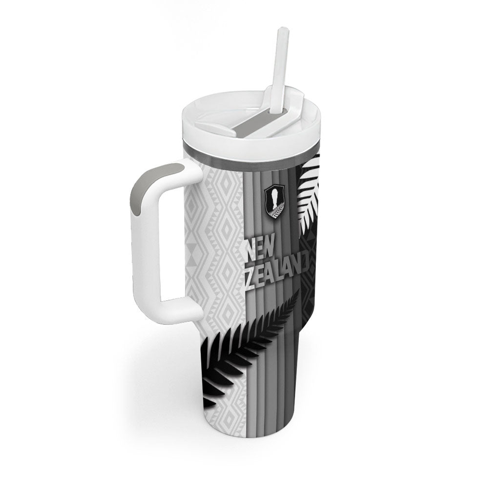 Custom New Zealand Football Tumbler With Handle Silver Fern Maori Pattern Monochrome DT05 - Polynesian Pride