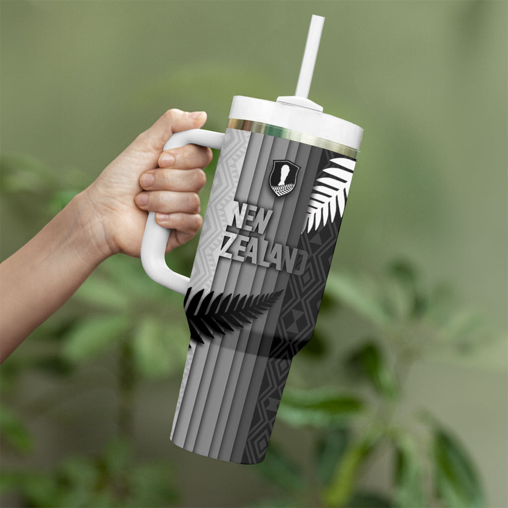 Custom New Zealand Football Tumbler With Handle Silver Fern Maori Pattern Monochrome DT05 - Polynesian Pride