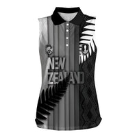 Custom New Zealand Football Women Sleeveless Polo Shirt Silver Fern Maori Pattern Monochrome