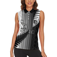 Custom New Zealand Football Women Sleeveless Polo Shirt Silver Fern Maori Pattern Monochrome