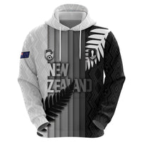 Custom New Zealand Football Zip Hoodie Silver Fern Maori Pattern Monochrome DT05 - Polynesian Pride