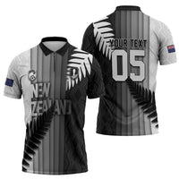 Custom New Zealand Football Zipper Polo Shirt Silver Fern Maori Pattern Monochrome