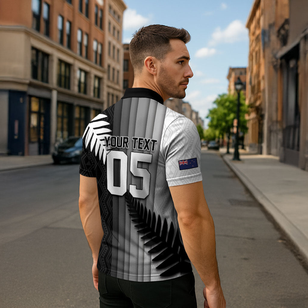 Custom New Zealand Football Zipper Polo Shirt Silver Fern Maori Pattern Monochrome