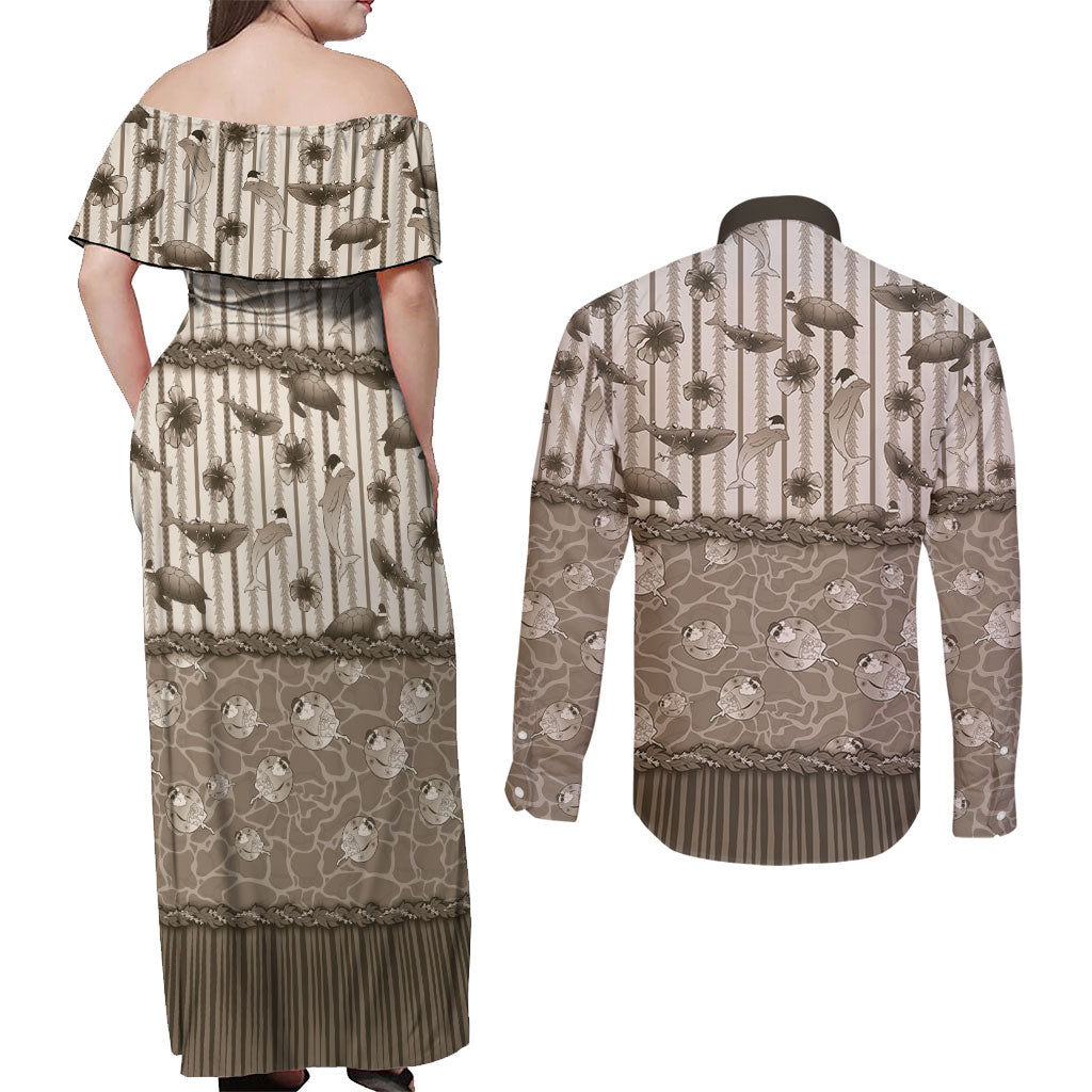 Hawaii Christmas In July Couples Matching Off Shoulder Maxi Dress and Long Sleeve Button Shirt Beige Mele Kalikimaka Sea Animals