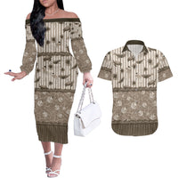 Hawaii Christmas In July Couples Matching Off The Shoulder Long Sleeve Dress and Hawaiian Shirt Beige Mele Kalikimaka Sea Animals