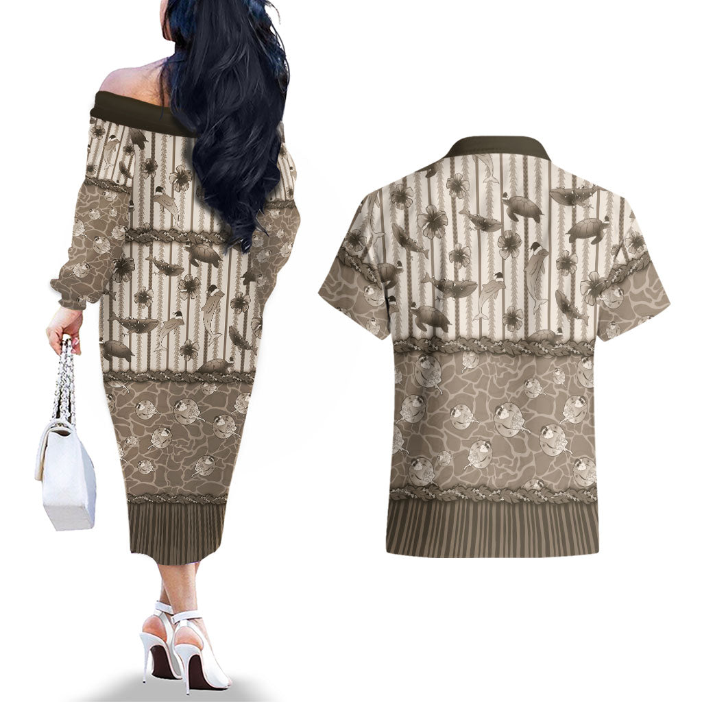 Hawaii Christmas In July Couples Matching Off The Shoulder Long Sleeve Dress and Hawaiian Shirt Beige Mele Kalikimaka Sea Animals
