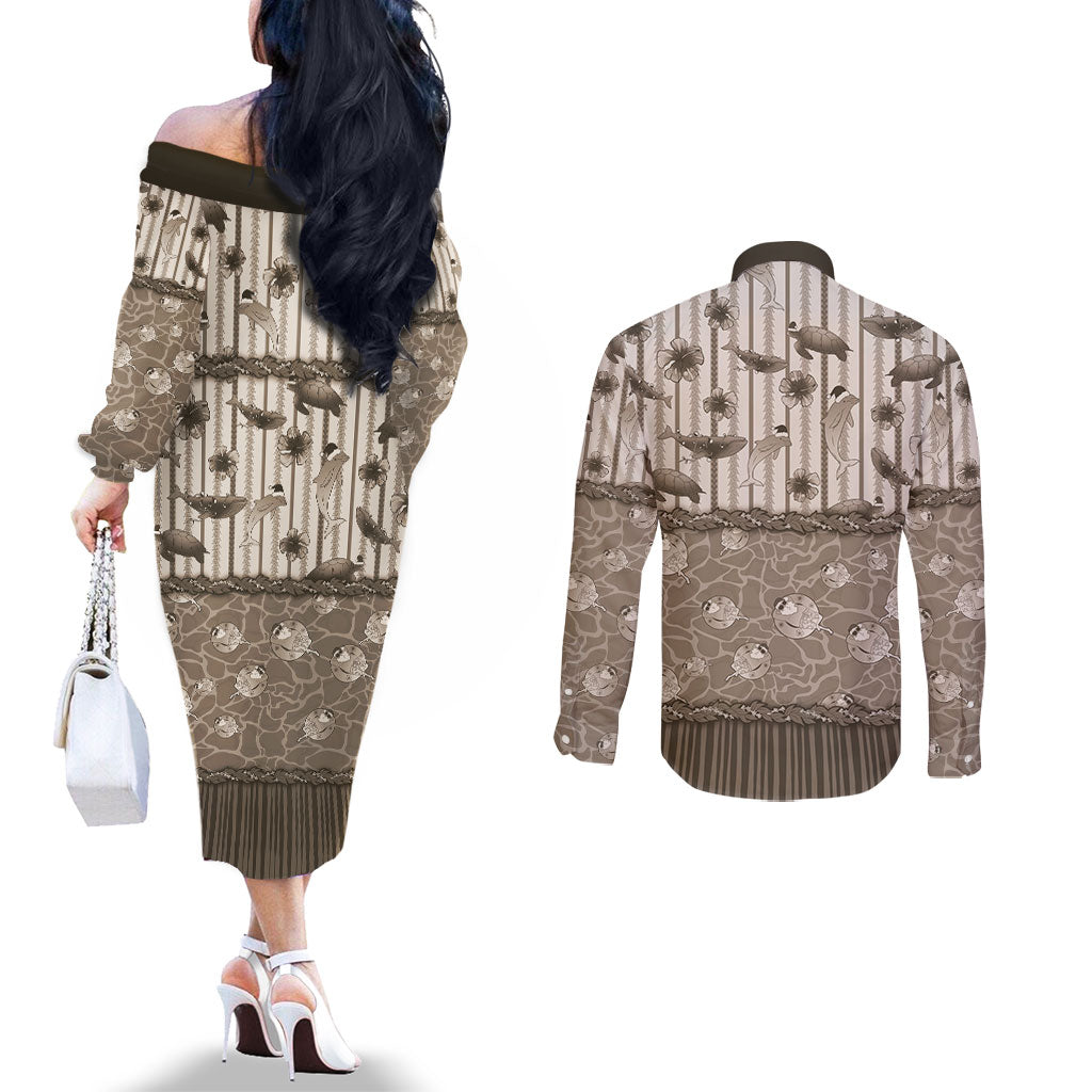 Hawaii Christmas In July Couples Matching Off The Shoulder Long Sleeve Dress and Long Sleeve Button Shirt Beige Mele Kalikimaka Sea Animals