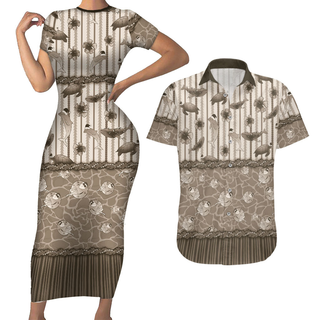 Hawaii Christmas In July Couples Matching Short Sleeve Bodycon Dress and Hawaiian Shirt Beige Mele Kalikimaka Sea Animals