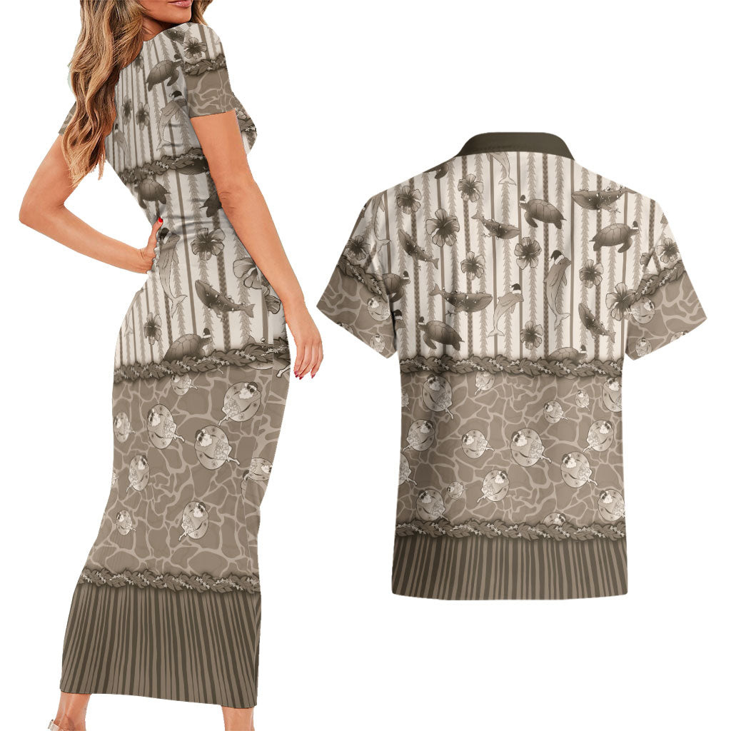 Hawaii Christmas In July Couples Matching Short Sleeve Bodycon Dress and Hawaiian Shirt Beige Mele Kalikimaka Sea Animals