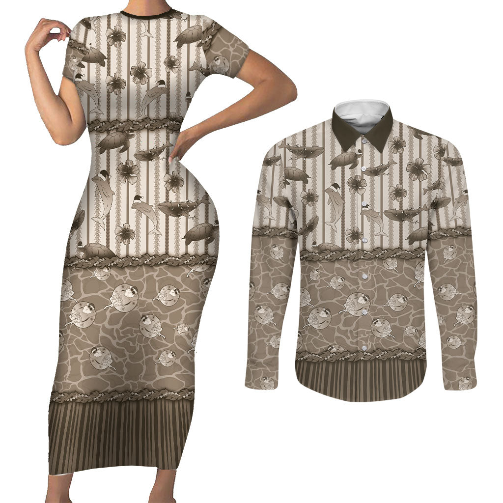 Hawaii Christmas In July Couples Matching Short Sleeve Bodycon Dress and Long Sleeve Button Shirt Beige Mele Kalikimaka Sea Animals