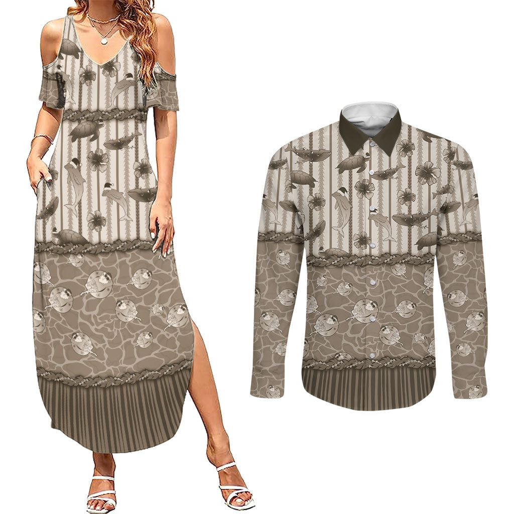 Hawaii Christmas In July Couples Matching Summer Maxi Dress and Long Sleeve Button Shirt Beige Mele Kalikimaka Sea Animals