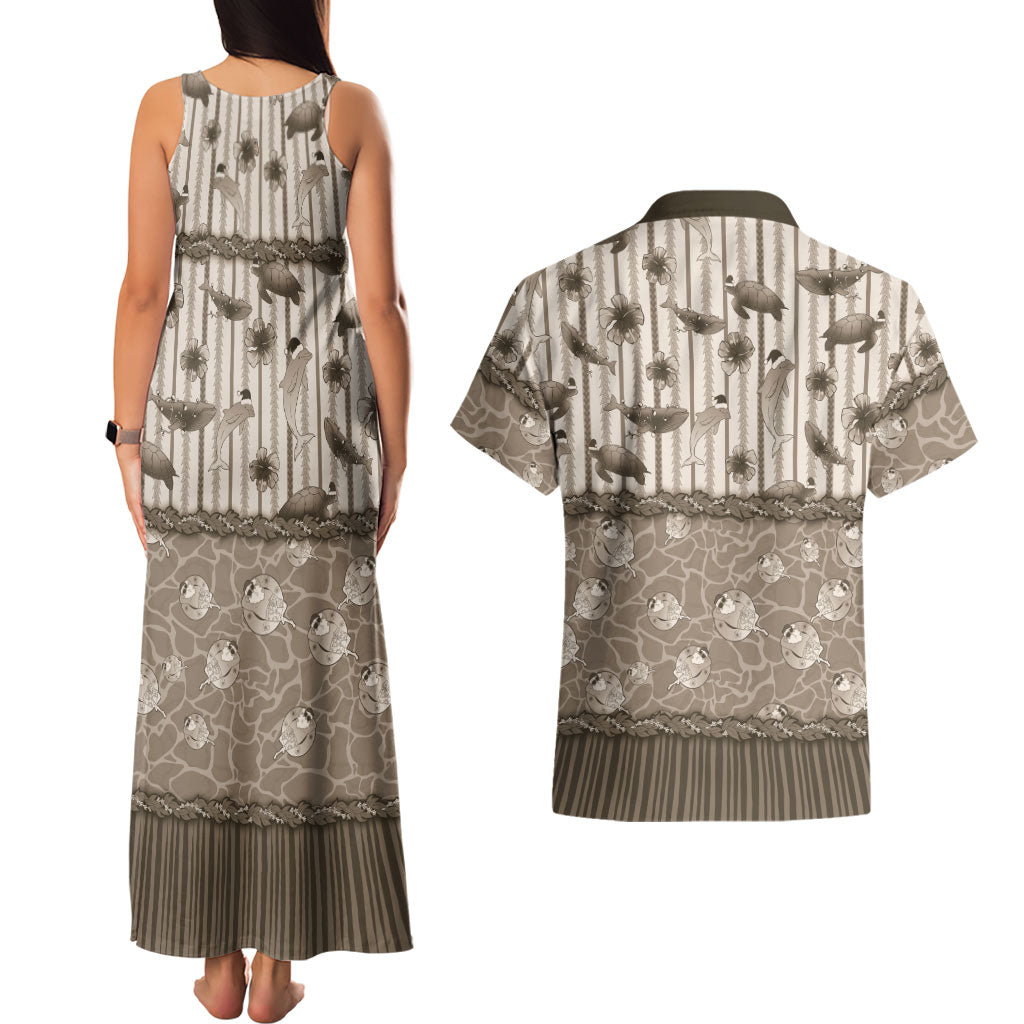 Hawaii Christmas In July Couples Matching Tank Maxi Dress and Hawaiian Shirt Beige Mele Kalikimaka Sea Animals