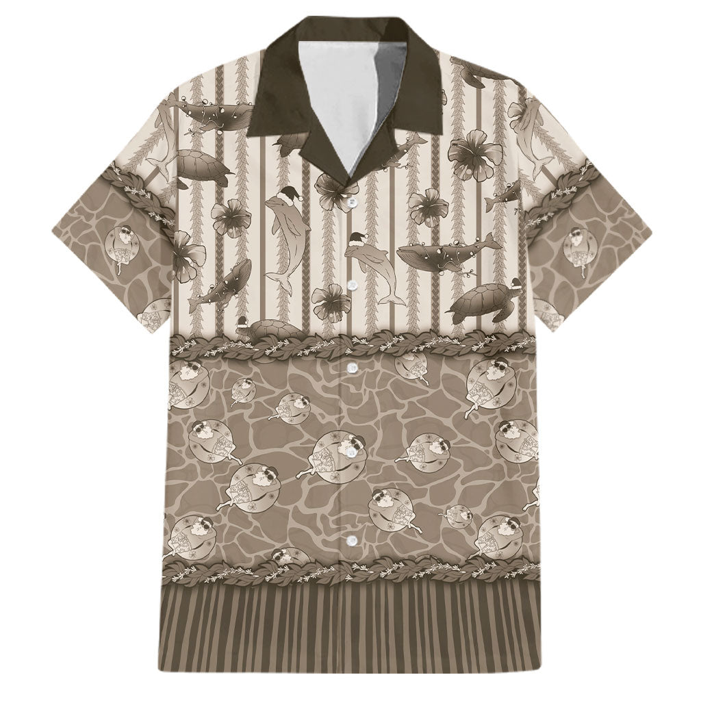 Hawaii Christmas In July Family Matching Short Sleeve Bodycon Dress and Hawaiian Shirt Beige Mele Kalikimaka Sea Animals
