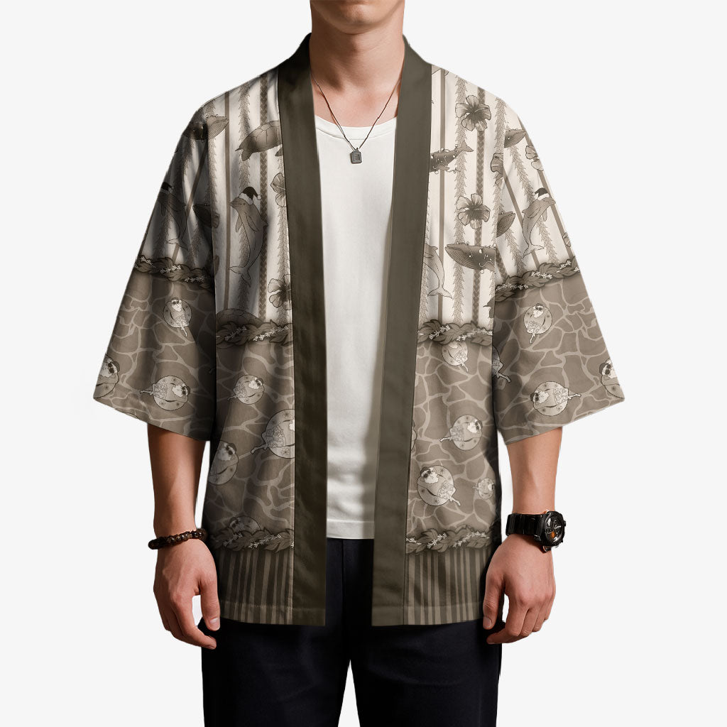 Hawaii Christmas In July Kimono Beige Mele Kalikimaka Sea Animals