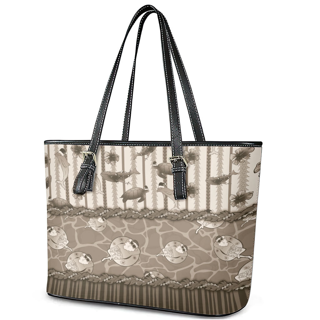 Hawaii Christmas In July Leather Tote Bag Beige Mele Kalikimaka Sea Animals