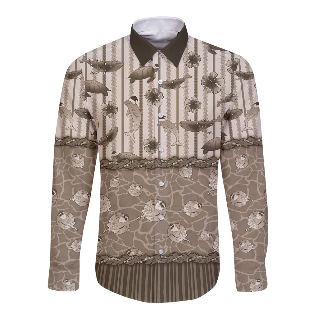 Hawaii Christmas In July Long Sleeve Button Shirt Beige Mele Kalikimaka Sea Animals
