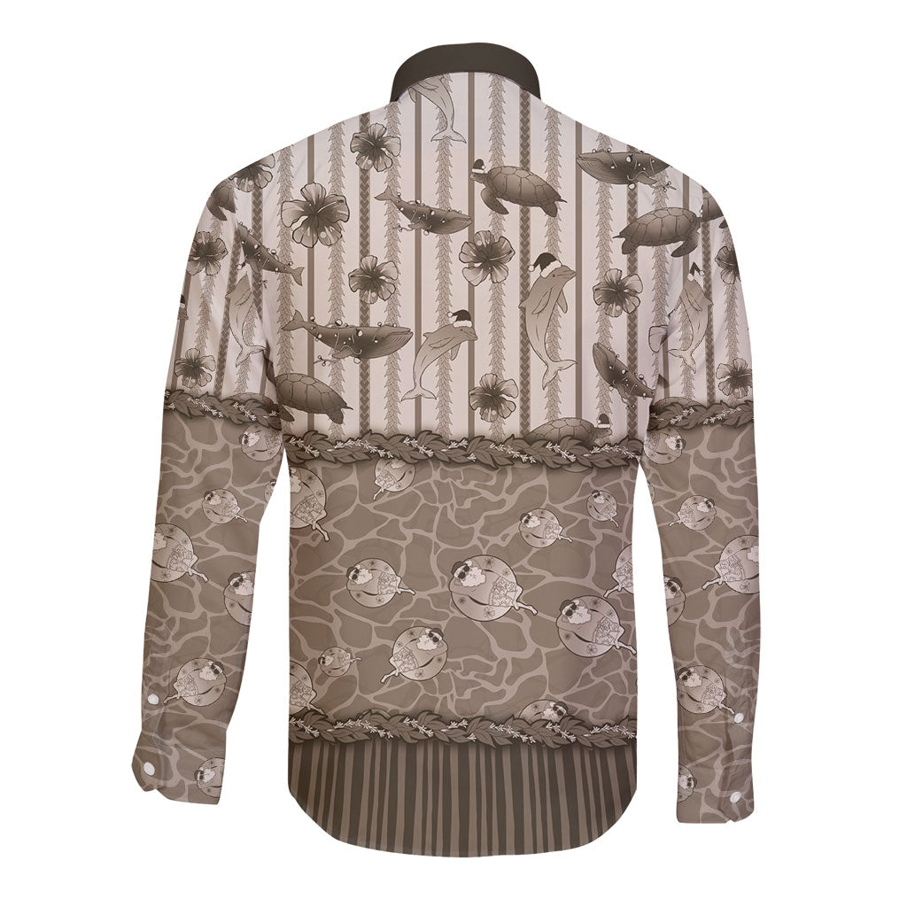 Hawaii Christmas In July Long Sleeve Button Shirt Beige Mele Kalikimaka Sea Animals