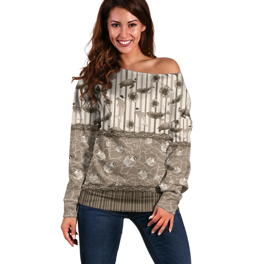 Hawaii Christmas In July Off Shoulder Sweater Beige Mele Kalikimaka Sea Animals