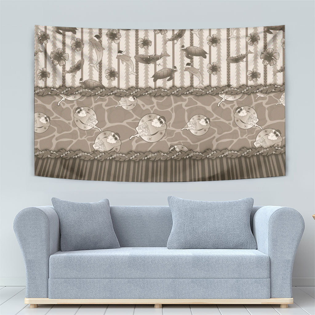 Hawaii Christmas In July Tapestry Beige Mele Kalikimaka Sea Animals
