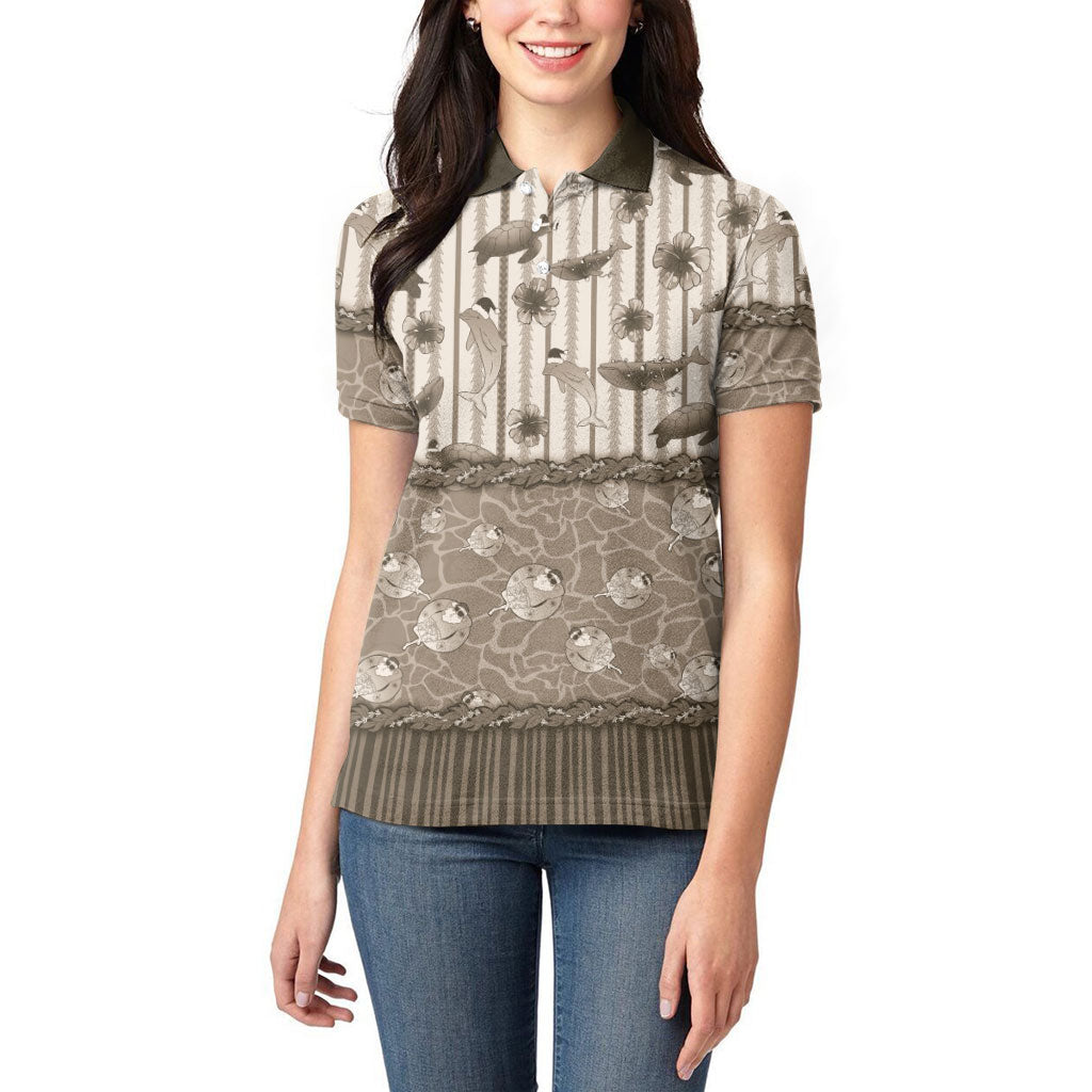 Hawaii Christmas In July Women Polo Shirt Beige Mele Kalikimaka Sea Animals