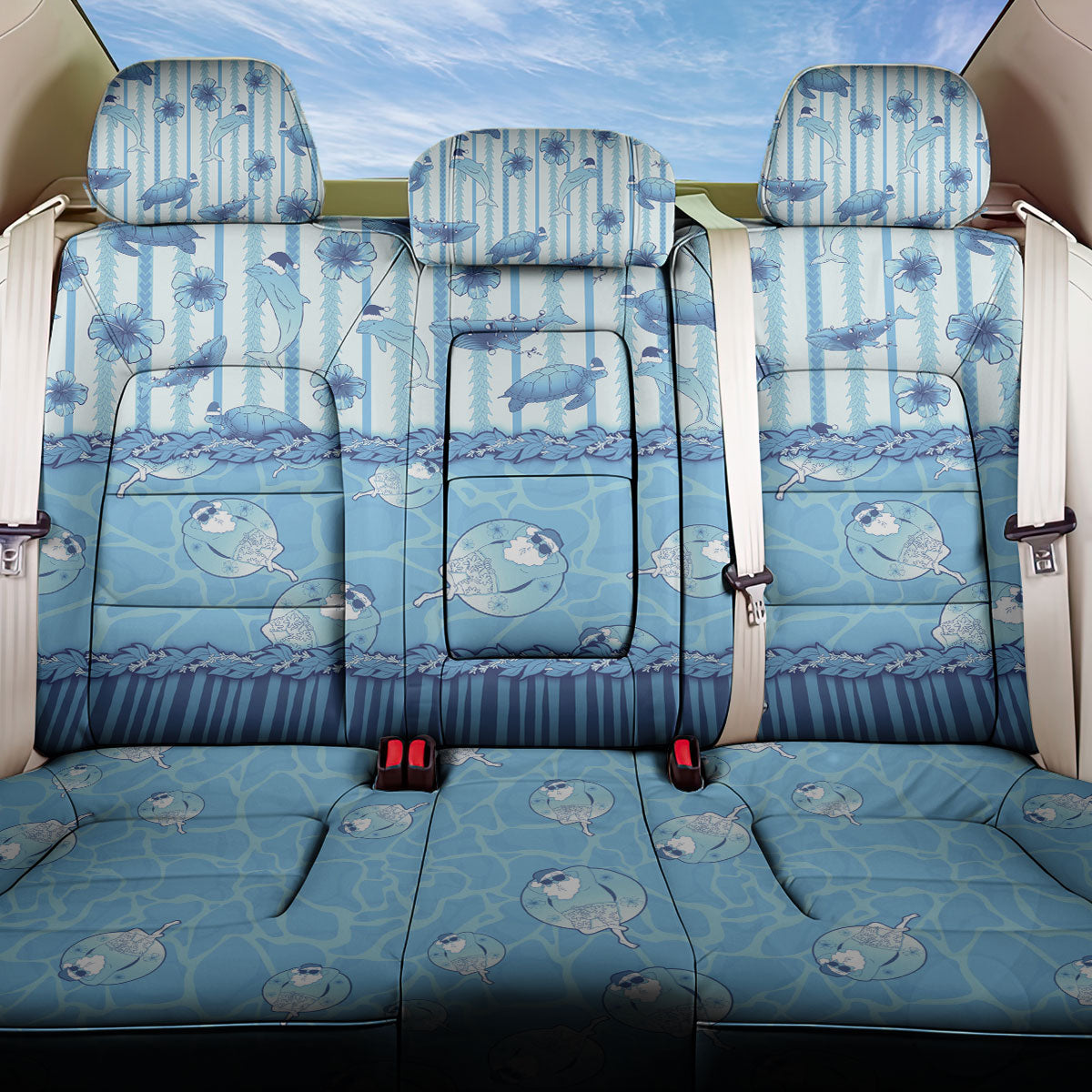 Hawaii Christmas In July Back Car Seat Cover Sky Blue Mele Kalikimaka Sea Animals