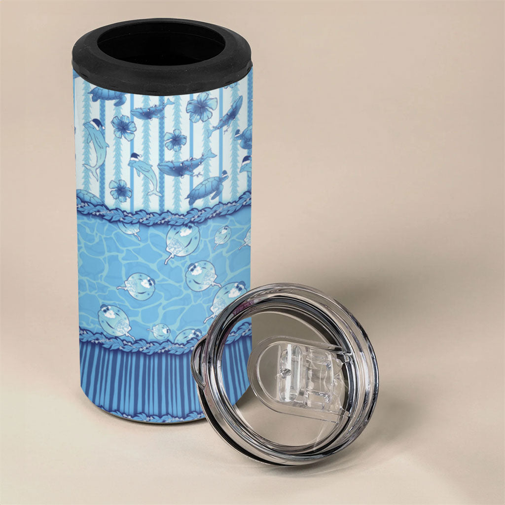 Hawaii Christmas In July 4 in 1 Can Cooler Tumbler Sky Blue Mele Kalikimaka Sea Animals