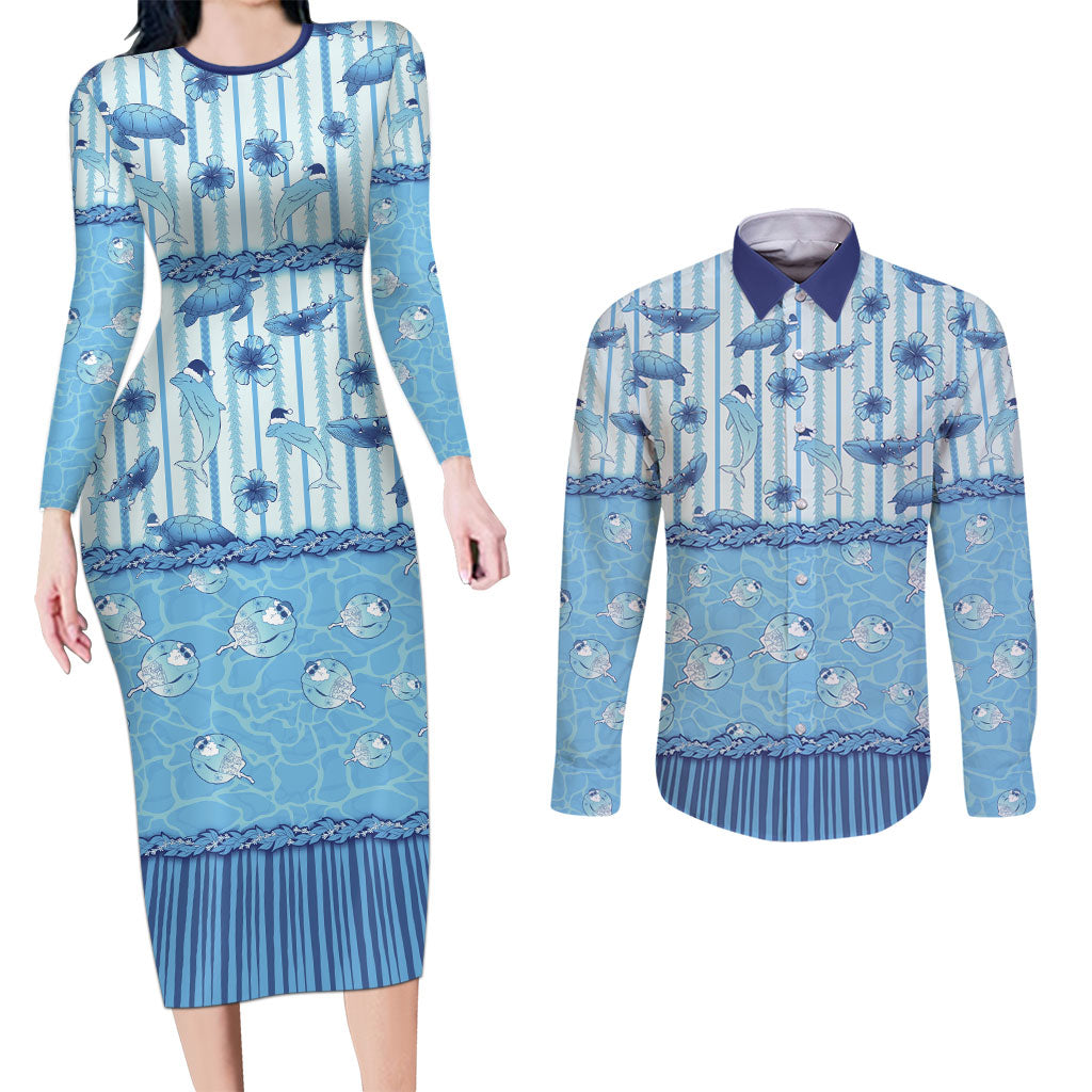 Hawaii Christmas In July Couples Matching Long Sleeve Bodycon Dress and Long Sleeve Button Shirt Sky Blue Mele Kalikimaka Sea Animals