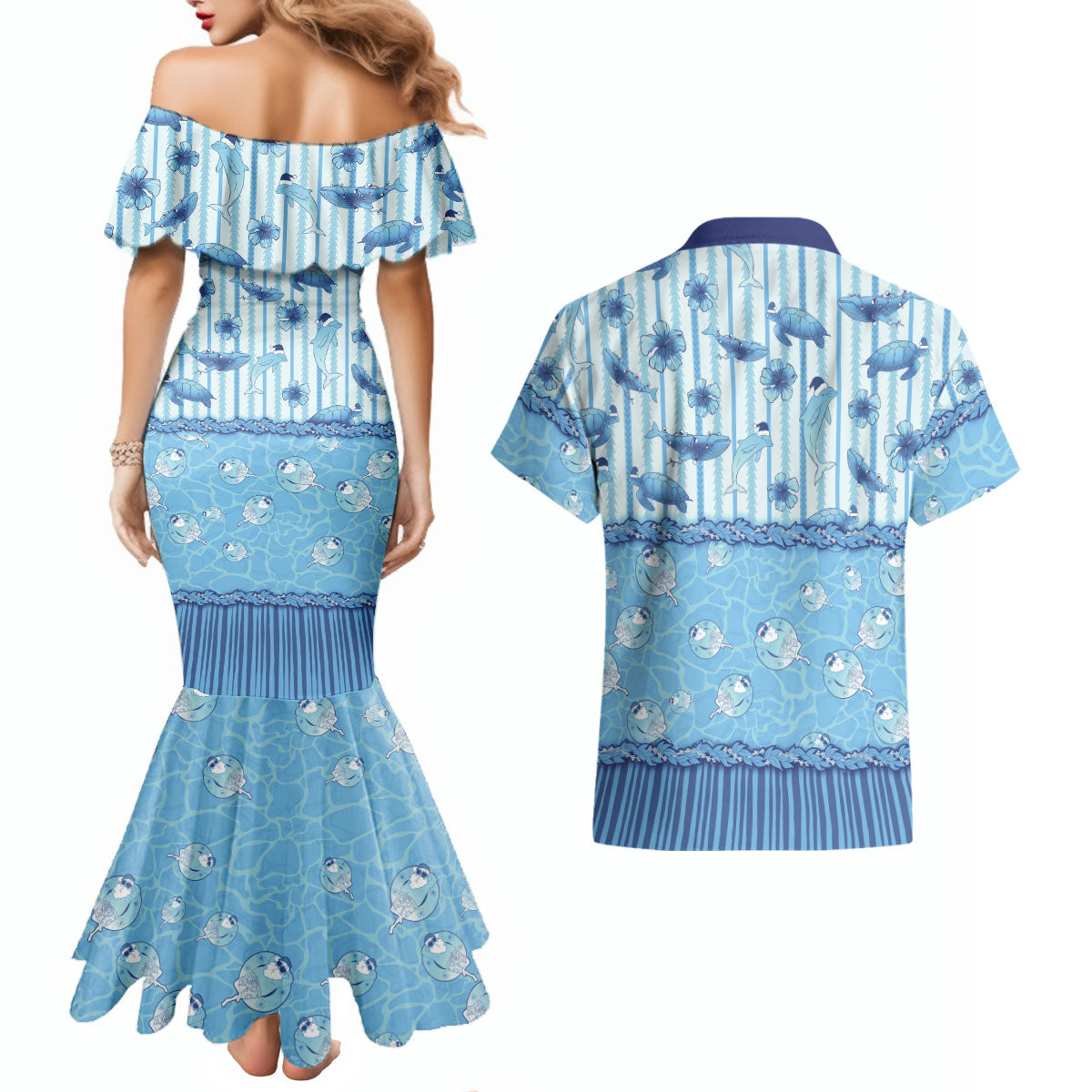 Hawaii Christmas In July Couples Matching Mermaid Dress and Hawaiian Shirt Sky Blue Mele Kalikimaka Sea Animals
