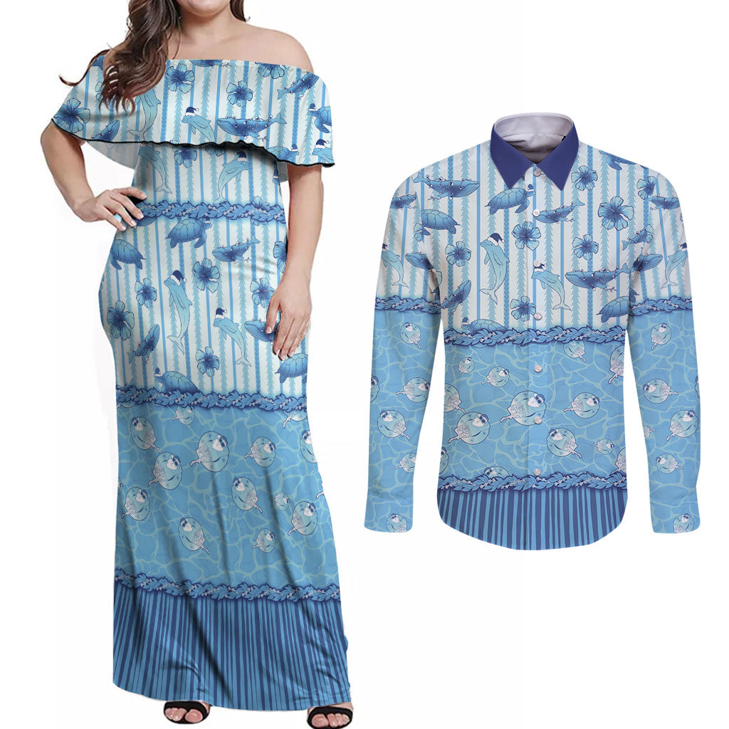 Hawaii Christmas In July Couples Matching Off Shoulder Maxi Dress and Long Sleeve Button Shirt Sky Blue Mele Kalikimaka Sea Animals