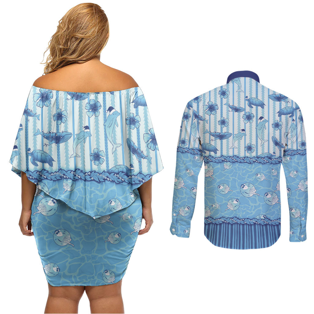 Hawaii Christmas In July Couples Matching Off Shoulder Short Dress and Long Sleeve Button Shirt Sky Blue Mele Kalikimaka Sea Animals