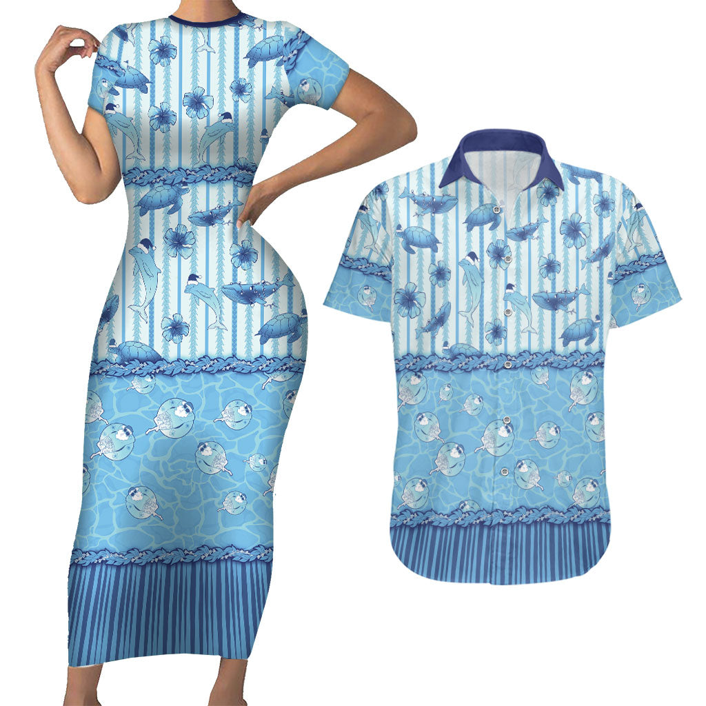 Hawaii Christmas In July Couples Matching Short Sleeve Bodycon Dress and Hawaiian Shirt Sky Blue Mele Kalikimaka Sea Animals