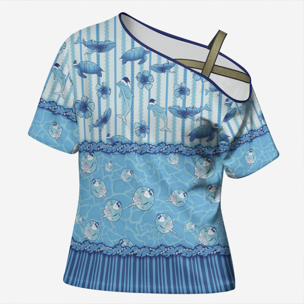 Hawaii Christmas In July Cross Shoulder Shirt Sky Blue Mele Kalikimaka Sea Animals