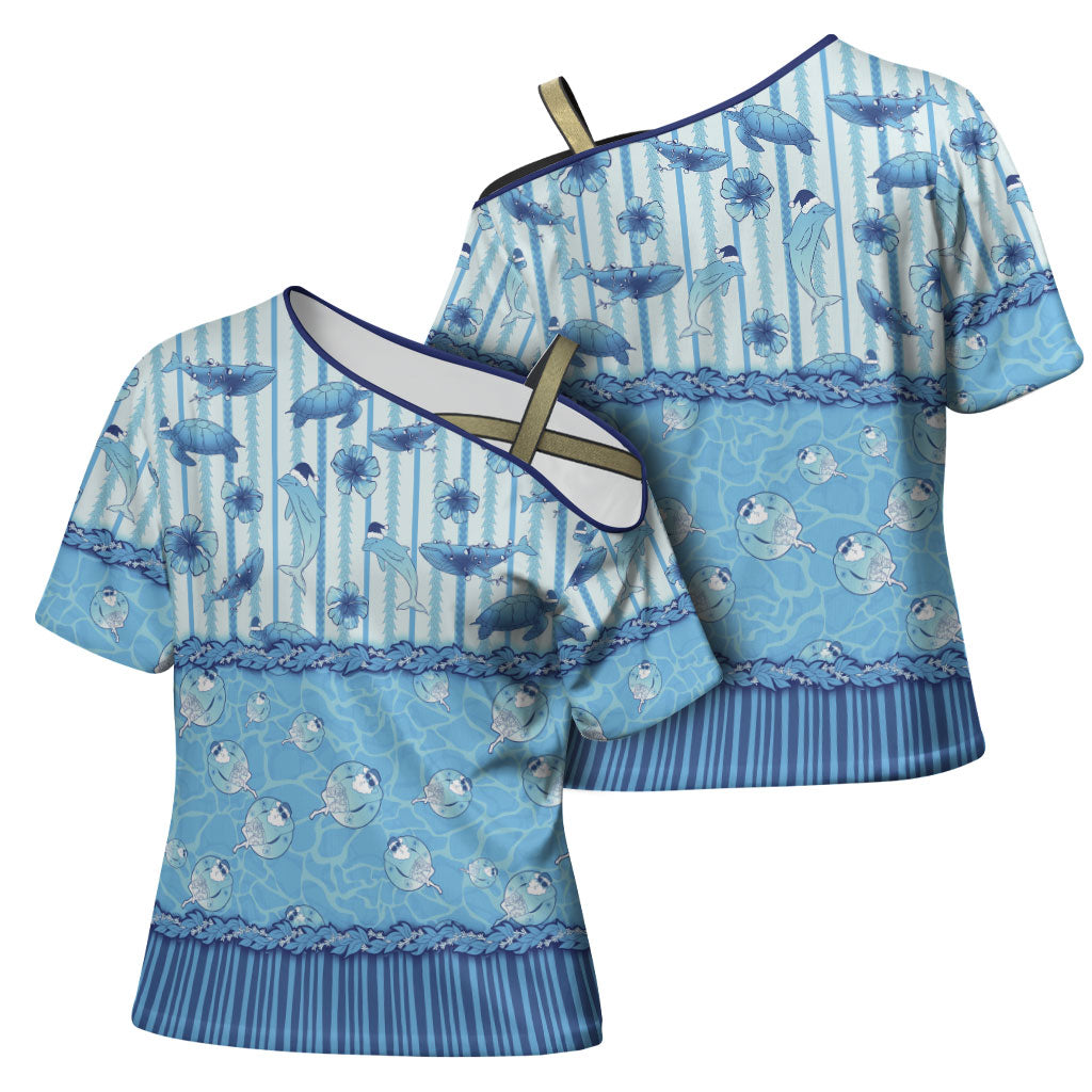 Hawaii Christmas In July Cross Shoulder Shirt Sky Blue Mele Kalikimaka Sea Animals