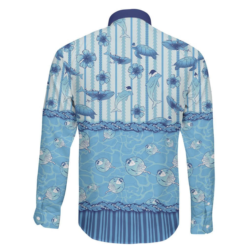 Hawaii Christmas In July Family Matching Off The Shoulder Long Sleeve Dress and Hawaiian Shirt Sky Blue Mele Kalikimaka Sea Animals