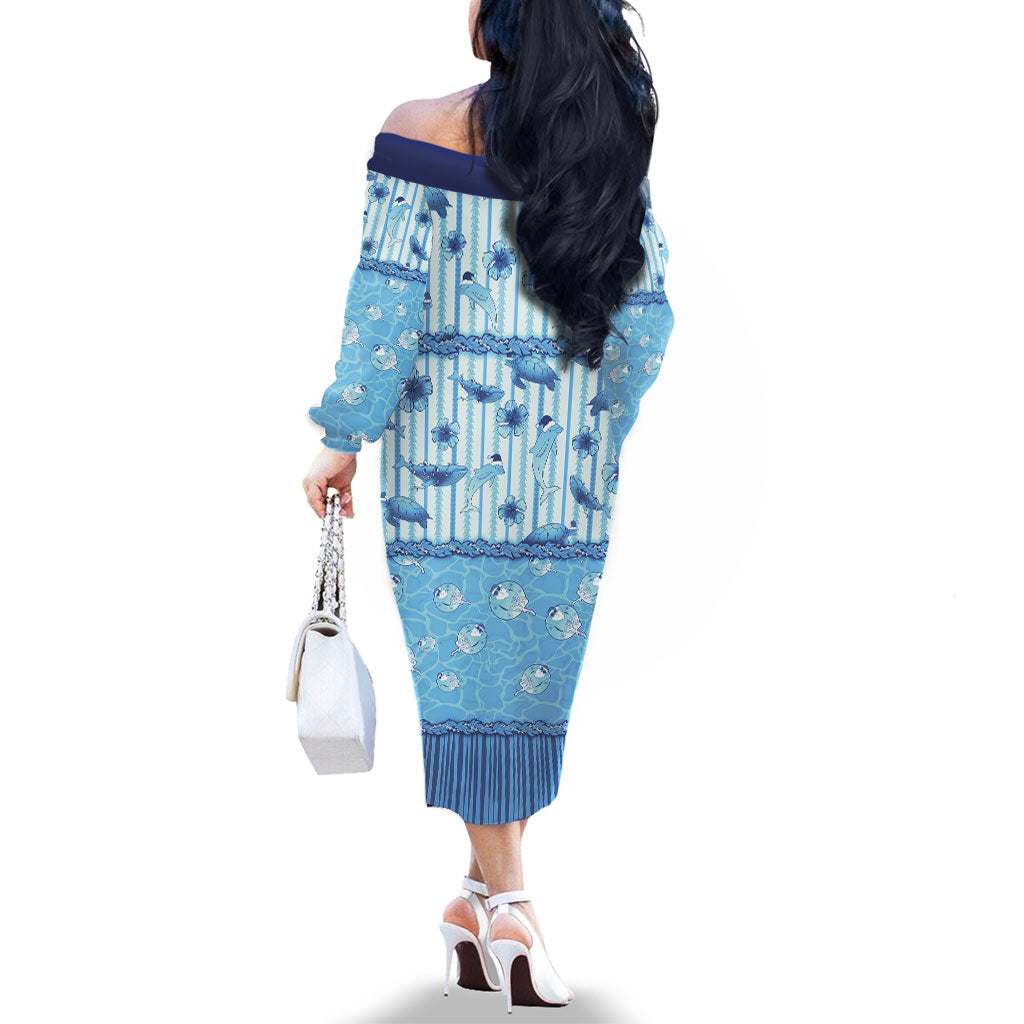Hawaii Christmas In July Family Matching Off The Shoulder Long Sleeve Dress and Hawaiian Shirt Sky Blue Mele Kalikimaka Sea Animals
