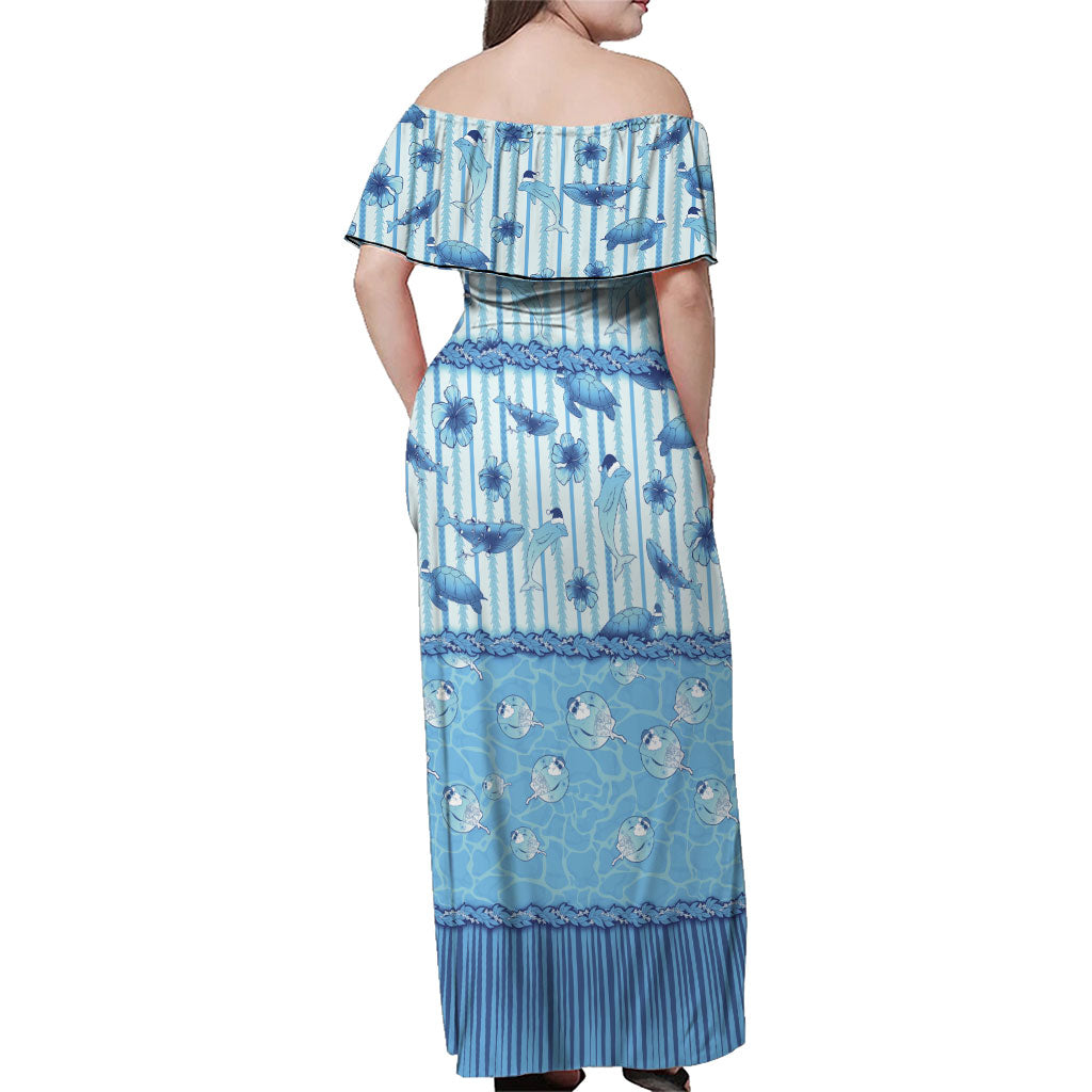 Hawaii Christmas In July Family Matching Off Shoulder Maxi Dress and Hawaiian Shirt Sky Blue Mele Kalikimaka Sea Animals