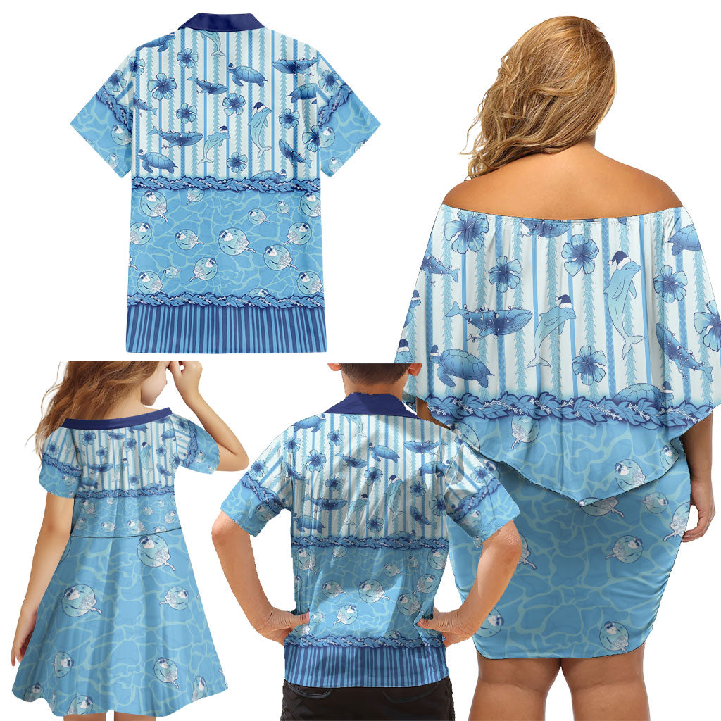 Hawaii Christmas In July Family Matching Off Shoulder Short Dress and Hawaiian Shirt Sky Blue Mele Kalikimaka Sea Animals