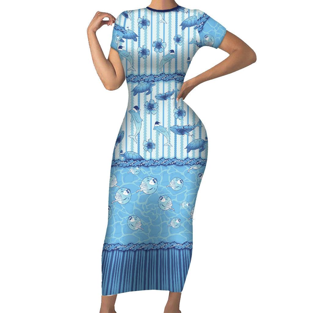 Hawaii Christmas In July Family Matching Short Sleeve Bodycon Dress and Hawaiian Shirt Sky Blue Mele Kalikimaka Sea Animals