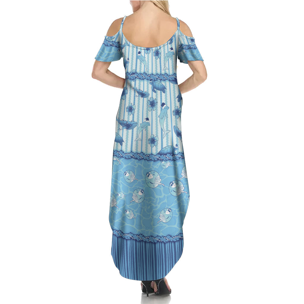 Hawaii Christmas In July Family Matching Summer Maxi Dress and Hawaiian Shirt Sky Blue Mele Kalikimaka Sea Animals