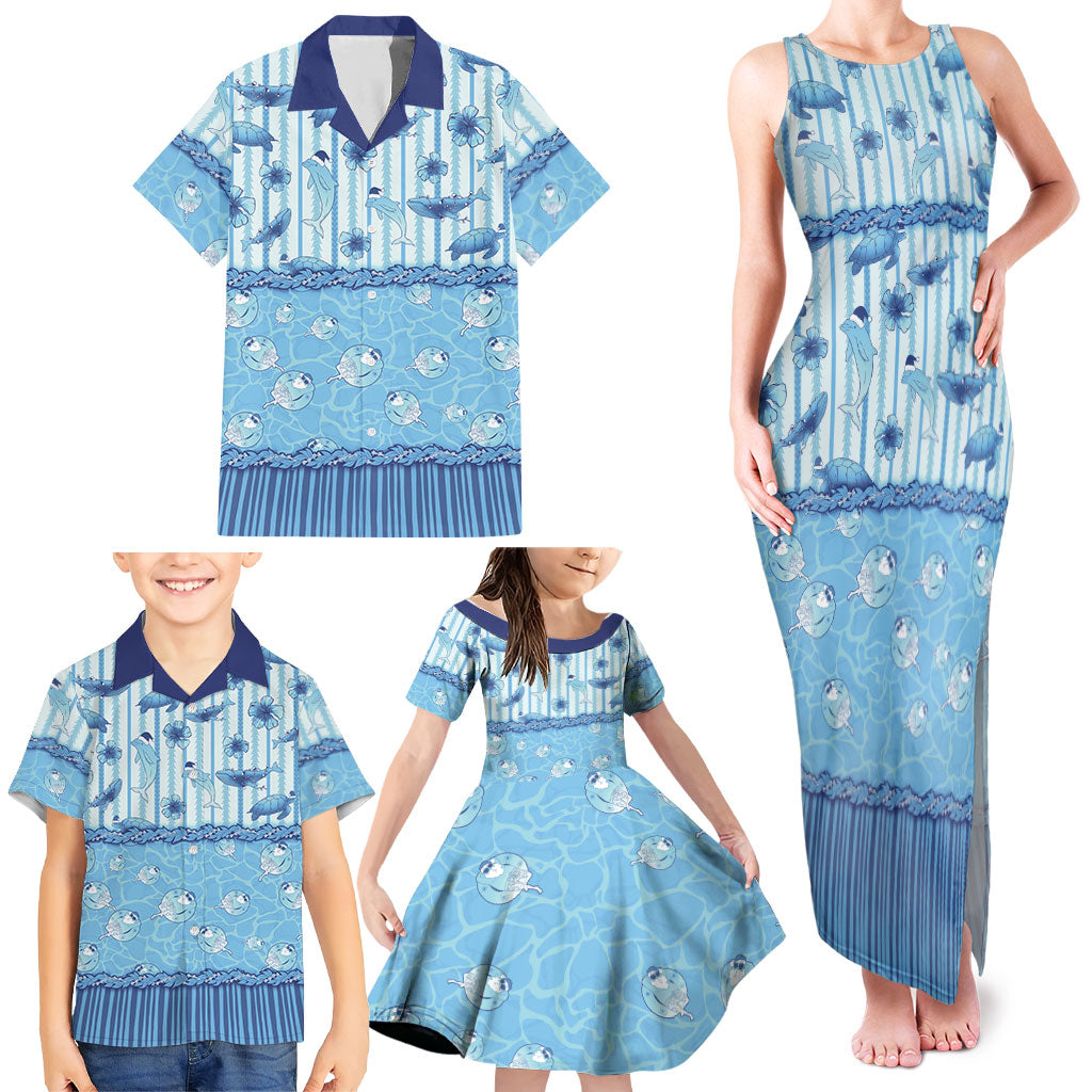 Hawaii Christmas In July Family Matching Tank Maxi Dress and Hawaiian Shirt Sky Blue Mele Kalikimaka Sea Animals DT05 - Polynesian Pride