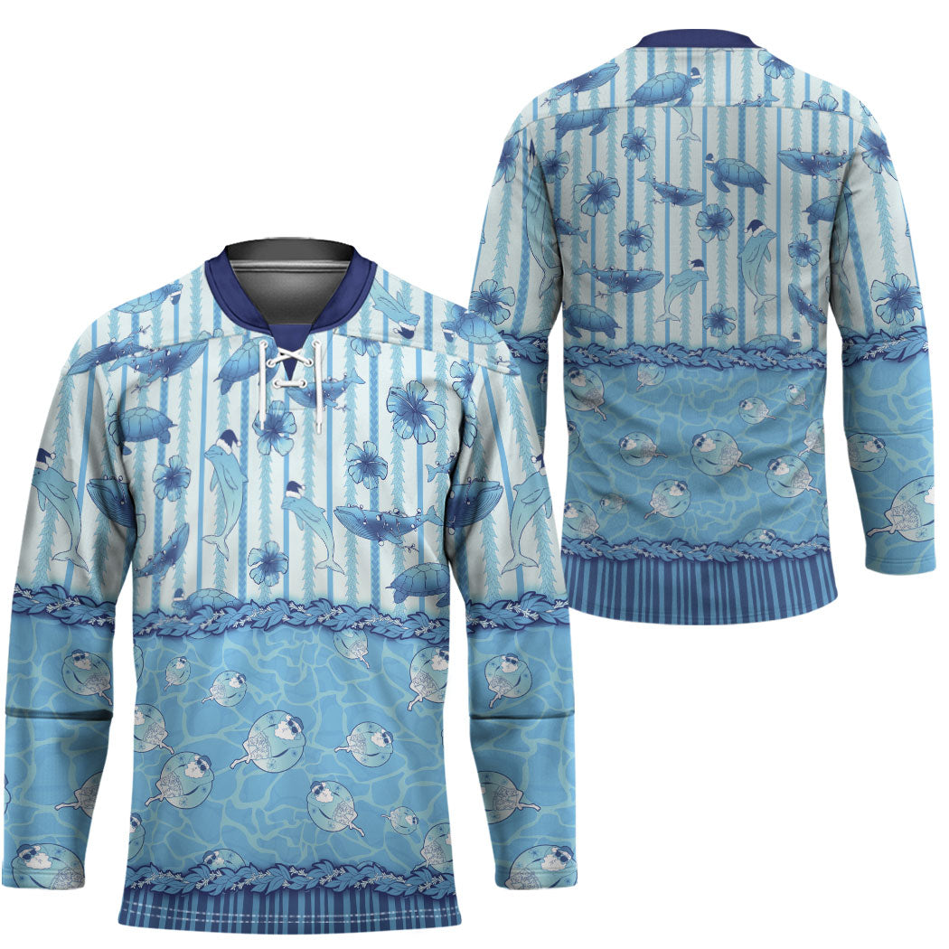 Hawaii Christmas In July Hockey Jersey Sky Blue Mele Kalikimaka Sea Animals