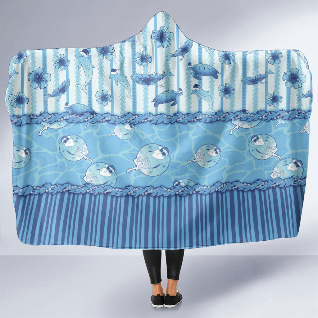 Hawaii Christmas In July Hooded Blanket Sky Blue Mele Kalikimaka Sea Animals