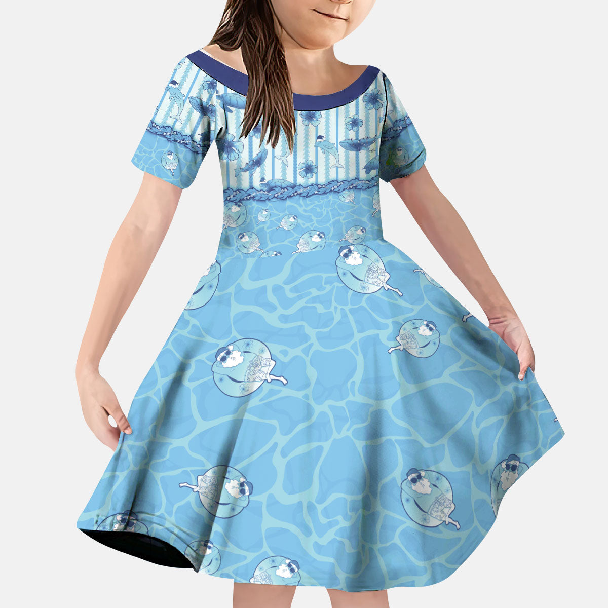 Hawaii Christmas In July Kid Short Sleeve Dress Sky Blue Mele Kalikimaka Sea Animals DT05 KID Blue - Polynesian Pride