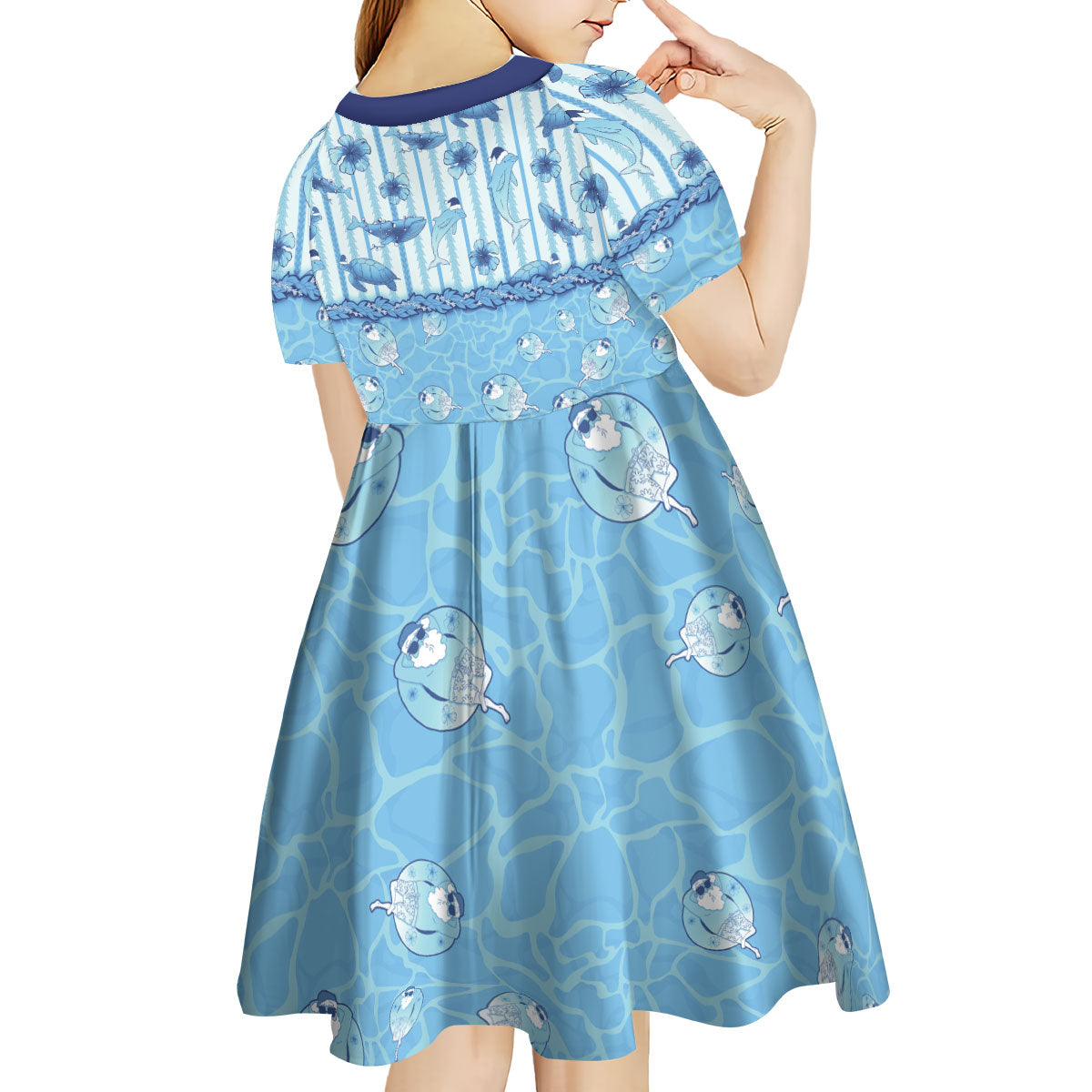 Hawaii Christmas In July Kid Short Sleeve Dress Sky Blue Mele Kalikimaka Sea Animals